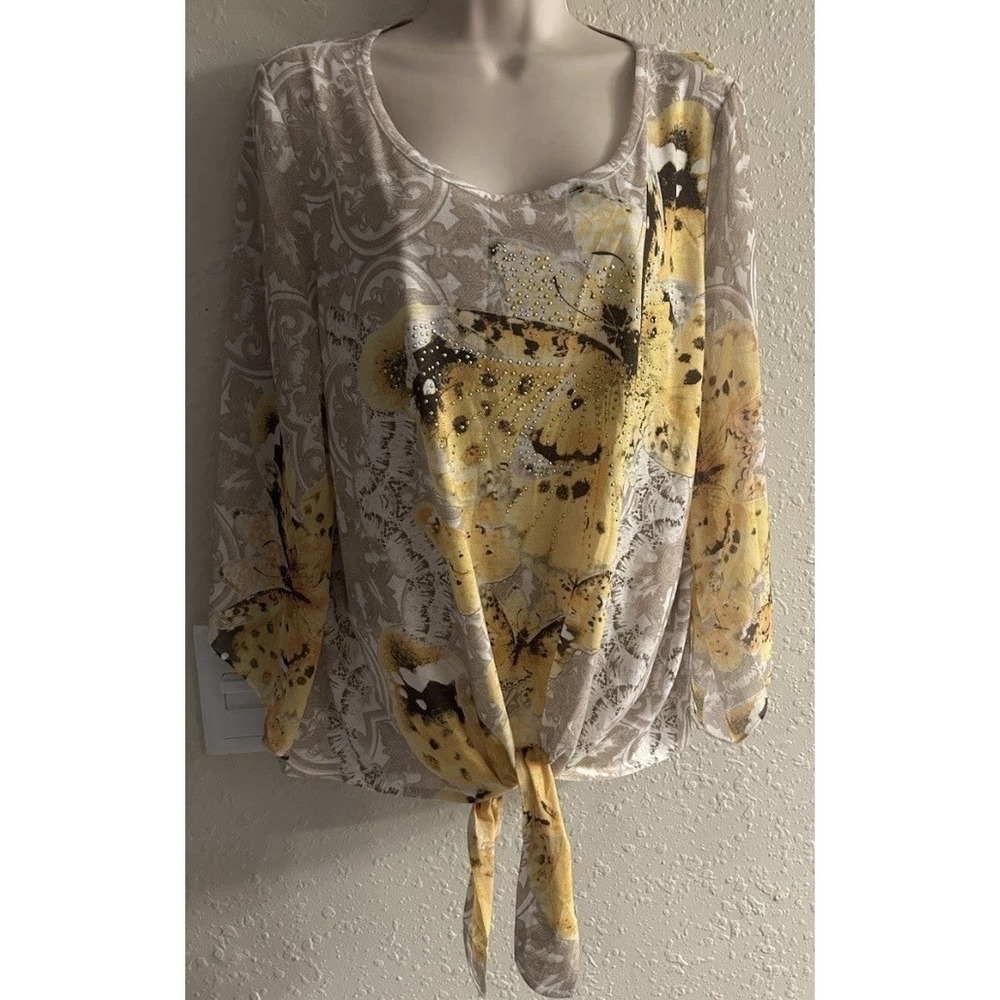 JM Collection Women 1X Blouse Butterfly Bedazzled Tie Front Top Multicolor